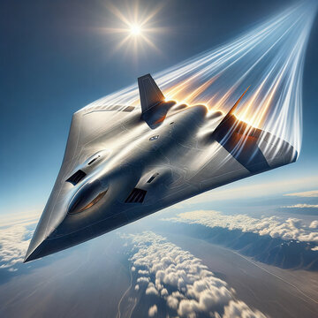 A fictional 6th generation fighter aircraft flying above the clouds (AI)