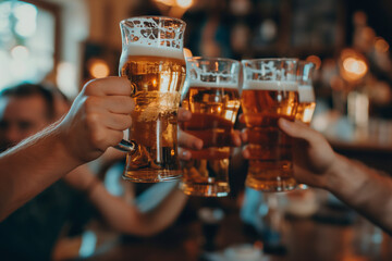 Group of friends drinking and toasting beer at brewery bar restaurant, people having fun together with beers. - obrazy, fototapety, plakaty