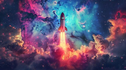An imaginative illustration of a space-themed wallpaper adorned with a playful cartoon rocket embarking on an epic journey through a colorful galaxy