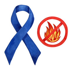 Watercolor blue ribbon and fire set. Symbol of International Firefighters' Day. Hand drawn watercolor illustration isolated on tranparent.