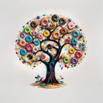 fractal tree of colorful donuts on a white background.