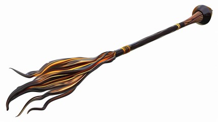 A magical flying broom with a black shaft with golden wavy patterns on a white background, hyperrealism.