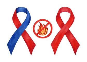 Watercolor red  and blue ribbons with fire set. Symbol of International Firefighters' Day. Hand drawn watercolor illustration isolated on tranparent.