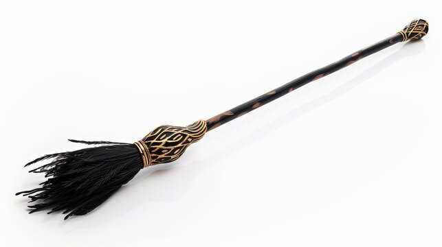 A magical flying broom with a black shaft with golden wavy patterns on a white background, hyperrealism.
