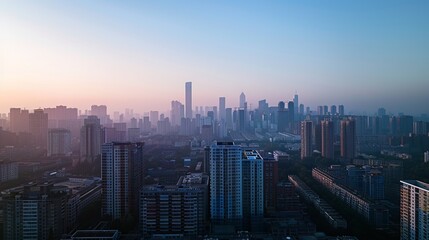 Panoramic view of China city skyline at dawn, tall buildings and skyscrapers standing against blue sky.