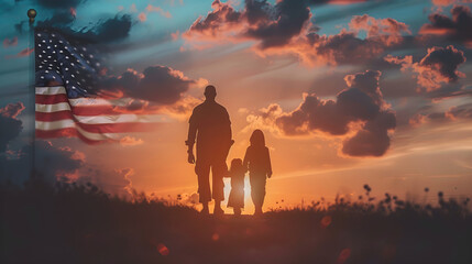 Happy soldier reunion with family, silhouette on the background of the American flag, Veterans Day concept.
