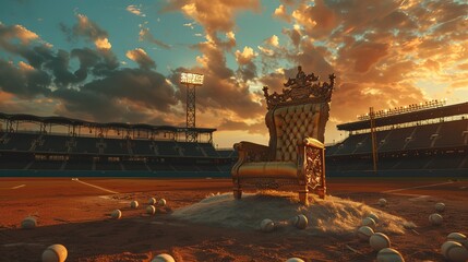 Softballs on the ground, a real elegant gold throne on the pitcher's mound of a softball field. The background lights and seats of the stadium. Backlit by the Sunrise. 