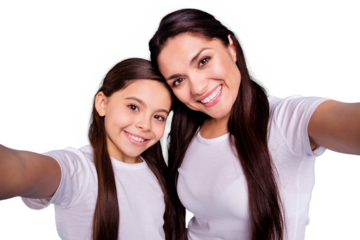 Close up photo two people brown haired mum mom small little daughter make take selfies for daddy wait him his he home house missing wear white t-shirts isolated bright blue background