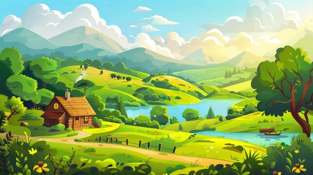 This modern cartoon illustration shows a country landscape with a wooden house, garden, river, and agriculture fields.