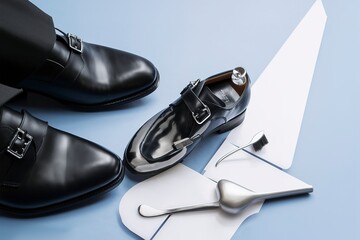 black boots with a shoehorn and a brush on a blue background.