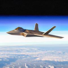 A fictional 5th generation fighter aircraft flying above the clouds (AI)