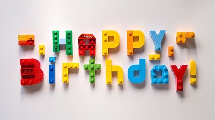 Typographic design with "Happy Birthday" written with colorful lego blocks, isolated, plain background
