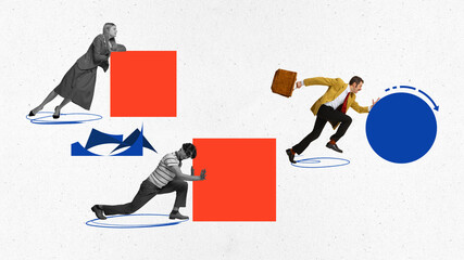 Contemporary art collage. Two people push red cubes trying to achieve success, while man with experience rolls circle trying to develop. Concept of business development, career growth, success. Ad