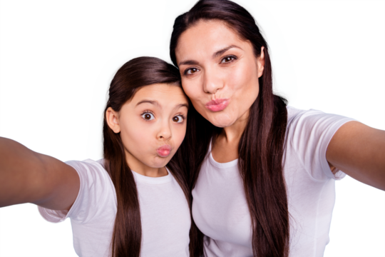 Close up photo cheer two people brown haired mum mom small little daughter make take selfies mouth lips in form shape figure ducky kissing wear white t-shirts isolated bright blue background
