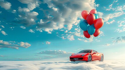 Brand new sports car gift sent to the sky flying tied with string to bunch ol inflatable balloons - obrazy, fototapety, plakaty