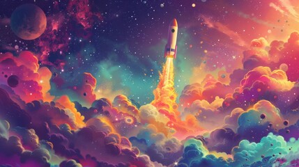 An imaginative depiction of a space-themed wallpaper adorned with a cartoon rocket journeying through a vibrant galaxy of celestial wonders