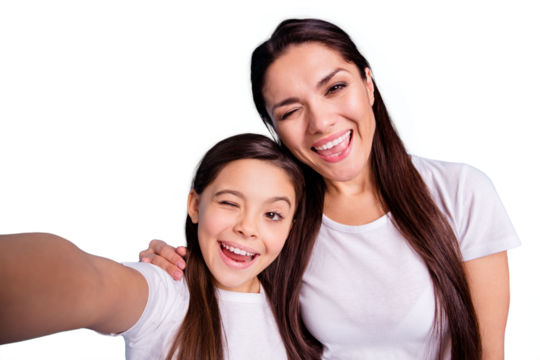 Close up photo cheer beautiful two people brown haired mum mom small little daughter make take selfies mouth laugh laughter flirty wink wear white t-shirts isolated bright blue background