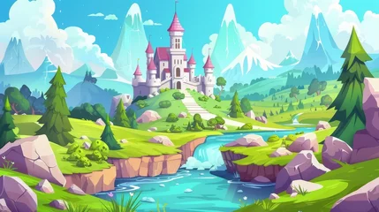 Gardinen An illustration of a fairy tale castle in a mountain valley with a river and coniferous trees. Modern illustration of summer landscape with rocks, water streams, green grass, and a royal palace with © Mark