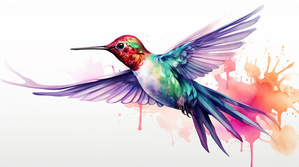 Hummingbird watercolor illustration, spots of liquid paint isolated on a white background