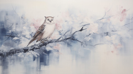 owl on a branch, art work painting in impressionism style, light background white and blue shade design, background copy space