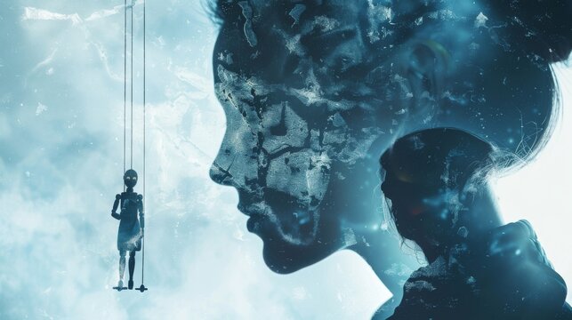 Double exposure. Silhouette of woman in cloak with marionette image. Concept of mind control.