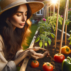 A woman tends to her tomatoes and other vegetables in a pretty garden (AI)