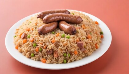 Fried rice with sausage isolated on white background