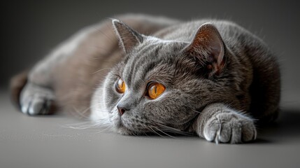 Hyperrealistic funny British Shorthair cat on dark background, pet care concept, banner, empty space