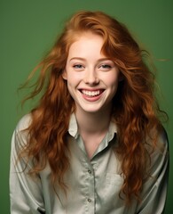 Fototapeta premium Portrait of caucasian girl, wearing a casual clothing and smiling on studio color background
