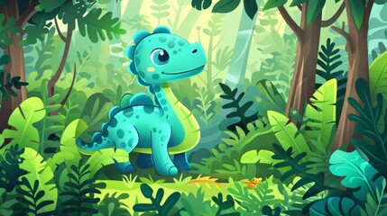 Baby diplodocus in prehistoric forest with green plants. Cartoon illustration of tropical wood, rainforest landscape with funny dinosaurs.