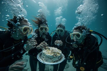 A birthday party held entirely underwater, with guests wearing scuba gear and eating cake from a special waterproof container