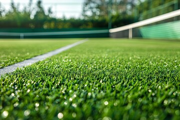 closeup of freshly cut grass tennis court before tournament sports background - obrazy, fototapety, plakaty