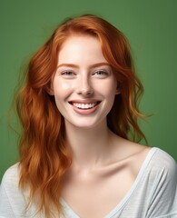 Fototapeta premium A woman with red hair is smiling and looking at the camera
