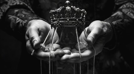 In black and white, hand with crown holds strings to manipulate.