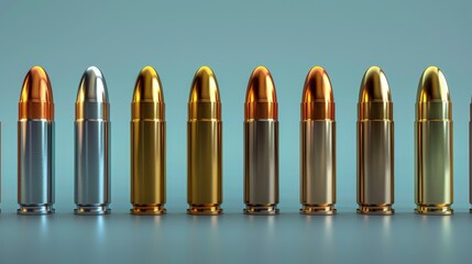 A row of bullets in different calibers standing in a row. Copper, gold or silver colored shots, military handgun ammunition isolated on a background, realistic 3D modern set.