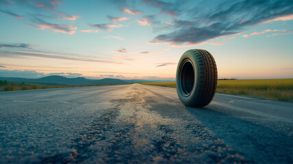 summer tires on the asphalt road and green field - time for summer tires