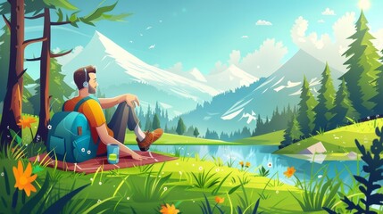 In a summer rural landscape with coniferous trees, grass, and a happy person with earbuds, a cup and a backpack, a man relaxes on a mat on a green meadow. Modern illustration of a summer rural - obrazy, fototapety, plakaty