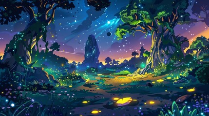 An alien planet background, night time forest landscape with trees, lianas, rocks, neon glowing bushes, and yellow spots on ground. Illustration modern. - obrazy, fototapety, plakaty