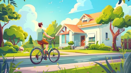 A young cyclist rides a bike on the street. Modern flat illustration of happy character on bicycle and summer landscape with house and trees.
