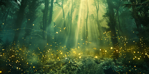 Mystical forest with magical glowing lights