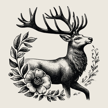 hand drawn deer old engraving vector illustration style. deer vintage illustration logo, emblem, icon old engraving style
