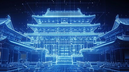 Forbidden City, line-based visualization, Tech blue, wireframe