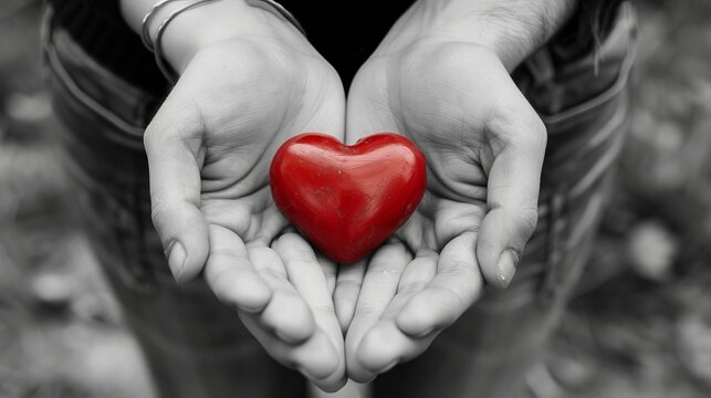 Women and men holding red hearts. Black and white image. Symbol of love, gift-giving, and donation.