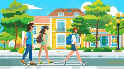 An illustration of a summer city landscape with a house, trees and happy people walking along the street. Couple of people with bags walking together. Modern flat illustration of a summer city