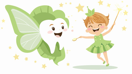 Flying tooth fairy in green dress holding magic wand