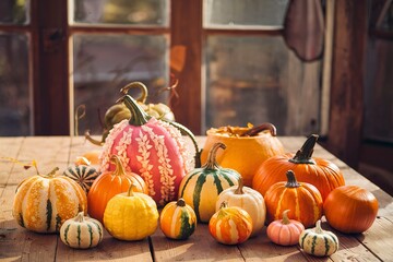 Variety of colorful decorative pumpkins on a wooden table - Powered by Adobe
