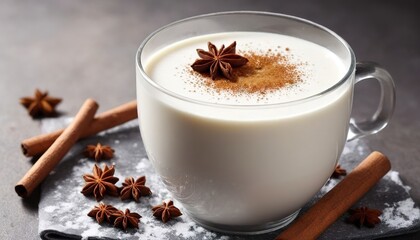 Warm frothy milk with syrup and winter spices