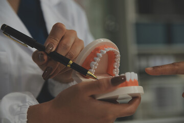 Concentrated dentist sitting at table with jaw samples tooth model and working with tablet and...