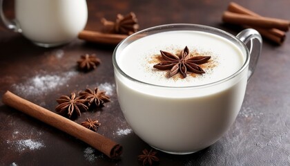 Warm frothy milk with syrup and winter spices