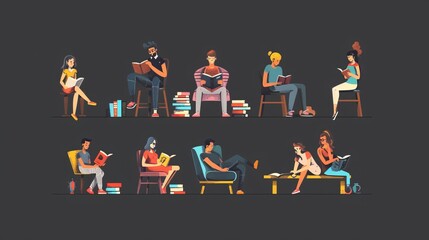 The person reading the book is in a variety of positions. Modern flat illustration with men and women reading from books, sitting in a chair, lying on the couch, and standing at a table with stacks